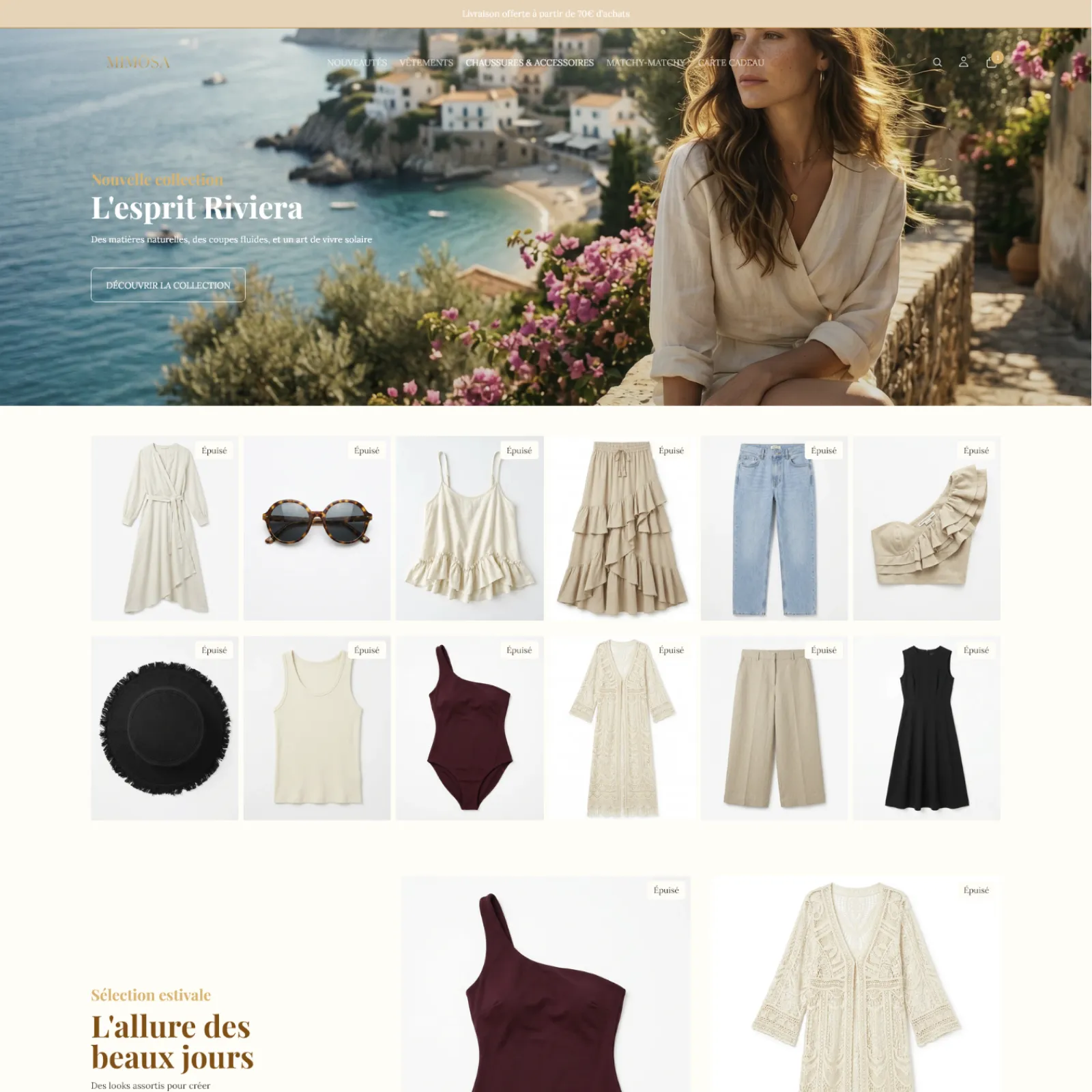 Aperçu de la boutique Shopify MIMOSA avec catalogue produits et direction artistique