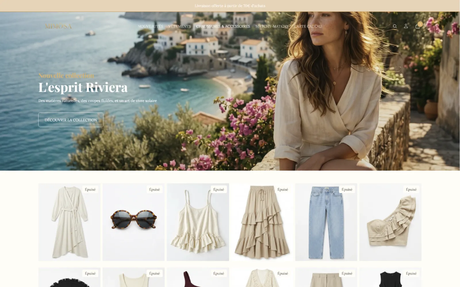 Aperçu de la boutique Shopify MIMOSA avec catalogue produits et direction artistique